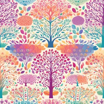 Seamless patterns of flowers and trees, minimalista, colores pastel, rainbow themed, repeating patterns design, fabric art, flat illustration, rainbow-core, highly detailed clean, vector image, photor