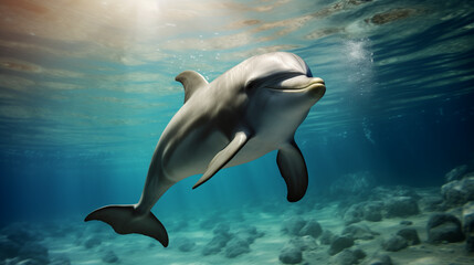 Dolphin jumping out of water, Beautiful Bottlenose Dolphin underwater, Ai generated image 