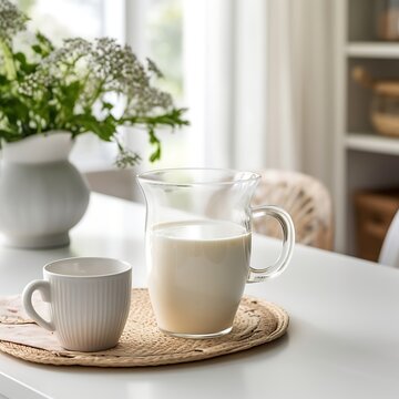 Glass jug of milk on the table in the kitchen, stock photo