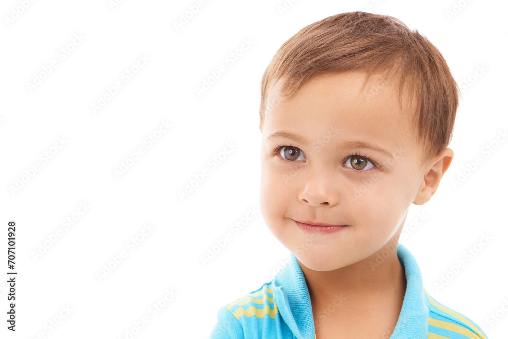 Canvas Prints Smile, cute and young child in a studio with sweet, positive and good attitude for development. Happy, childhood and face of natural boy kid toddler with casual style isolated by white background.