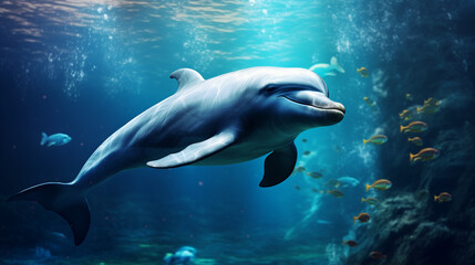 Obraz premium The dolphin moves through the underwater world, and the sunlight streaming in from the surface enhances its already dramatic beauty, Beautiful Bottlenose Dolphin underwater, Ai generated image