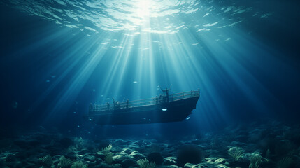 ship wreck in the sea, Submarine in the depths of the sea, sun rays under water, boat ship from underwater blue ocean with sun rays, Ai generated image