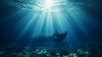 Poster Im Rahmen ship wreck in the sea, Submarine in the depths of the sea, sun rays under water, boat ship from underwater blue ocean with sun rays, Ai generated image © FH Multimedia