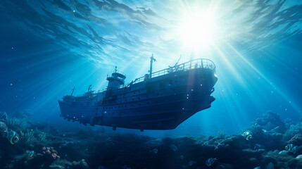 ship wreck in the ocean, Submarine in the depths of the sea, sun rays under water, boat ship from underwater blue ocean with sun rays, Ai generated image