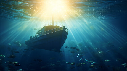 Underwater view of a anchored diving boat against sunlight, boat ship from underwater blue ocean with sun rays, Ai generated image