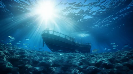 Zelfklevend Fotobehang A sunken ship at the bottom of the ocean or sea. wrecked ship. Underwater landscape. The sun's rays break through the water, boat ship from underwater blue ocean with sun rays, Ai generated image © FH Multimedia