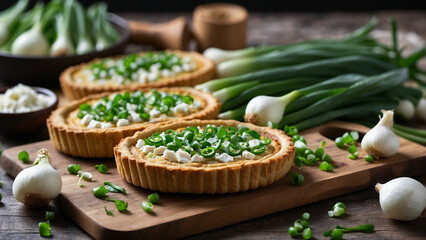 Picture a wooden chopping board piled with spring onions develop a recipe for a spring onion and goat cheese tart