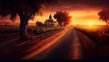Sunset landscape bordeaux wineyard, Ai generated image.