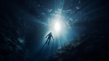 Blue sky with clouds, Deep sea scuba diver swimming in a deep ocean cave in rays of light from the surface, Ai generated image 
