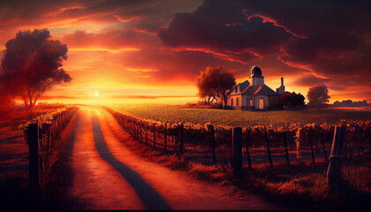 Sunset landscape bordeaux wineyard, Ai generated image.