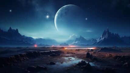 Otherworldly moon landscape night photography image Ai generated art