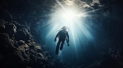 Fototapeta na wymiar Diver in the dark, Deep sea scuba diver swimming in a deep ocean cave in rays of light from the surface, Ai generated image 