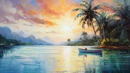 Painting boat water with palm trees background image Ai generated art
