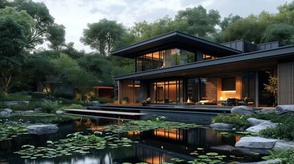 Fototapeta na wymiar Modern house with pitched roof with large overhangs, in forest with pond and lily pond, cozy wood, in the style of dark bronze and dark black, asian-inspired, dark gray, soft light, orient-inspired
