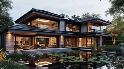 Obraz premium Modern house with pitched roof with large overhangs, in forest with pond and lily pond, cozy wood, in the style of dark bronze and dark black, asian-inspired, dark gray, soft light, orient-inspired