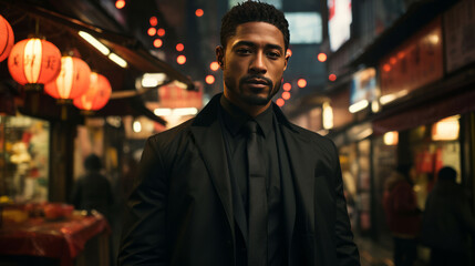 Obraz premium Black man, night and mafia with city street, spy and mysterious in rain. Serious, looking and rain with male wearing business suit for gangster, profit and asset for protective services and bodyguar