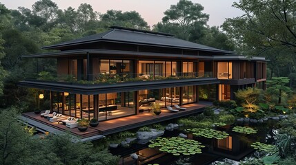 Modern house with pitched roof with large overhangs, in forest with pond and lily pond, cozy wood, in the style of dark bronze and dark black, asian-inspired, dark gray, soft light, orient-inspired