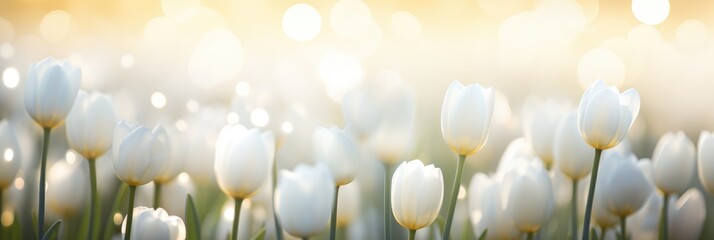 A close-up view of white tulips shallow depth photography of beautiful flowers with bokeh background. Floral banner