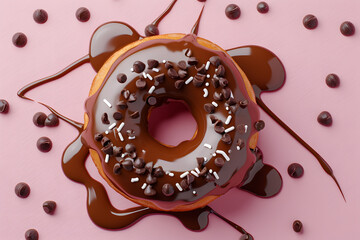 Donut falling into melted chocolate glaze