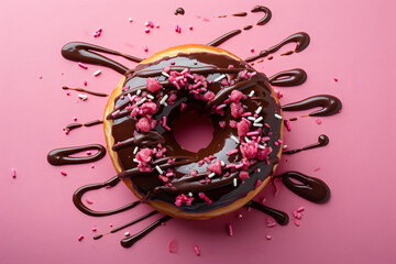 Donut falling into melted chocolate glaze - obrazy, fototapety, plakaty