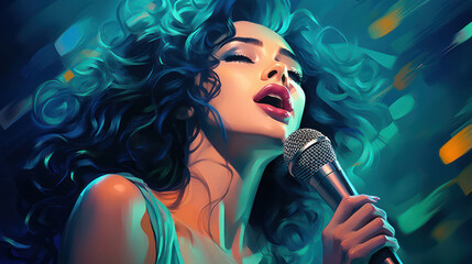 Vintage Glamour: A Young Female Karaoke Singer Captivating the Crowd with Her Mesmerizing Voice at a Stylish Night Club