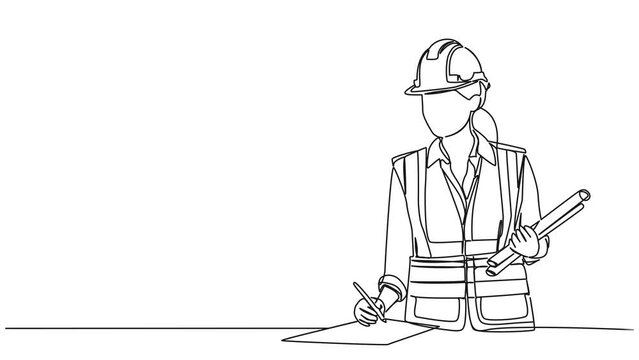 animated continuous single line drawing of civil engineer or architect with constructions plans, line art animation