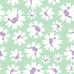 Fototapeta na wymiar seamless repeat pattern with beautiful purple dinosaur on white flowers on a light green background perfect for fabric, scrap booking, wallpaper, gift wrap projects