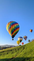 Naklejka premium Majestic Hot Air Balloon Flight Over Misty Fields AI-Generative