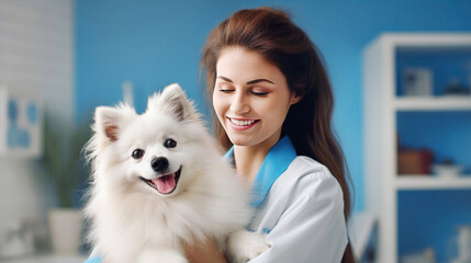 white fluffy dog sits contentedly in the arms of a veterinarian girl in the office