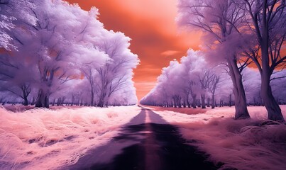 Infrared shot of a long road in the countryside, in a bright fauvism style, bright oranges and purples. Generative Ai

