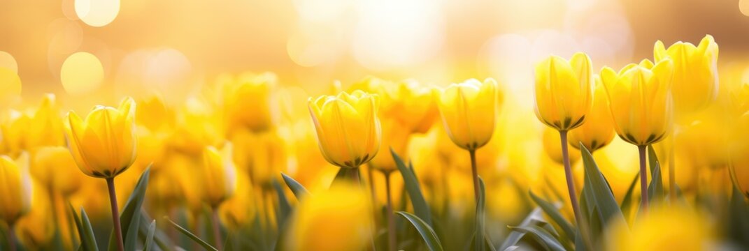 A close-up view of yellow tulips shallow depth photography of beautiful flowers with bokeh background. Floral banner