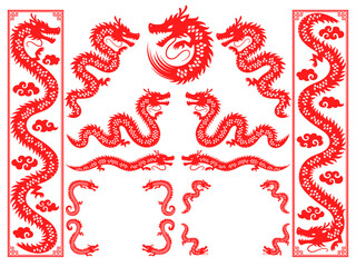 中華風の龍のシルエットの飾りとフレームセット