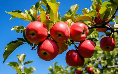 Red apples on a tree branch in an orchard in the summer
