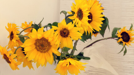 Sunflower in a vase in home. Yellow bright and vibrant flower. Country life.
