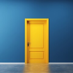 Yellow door with chair and lamp on blue wall. 3d render