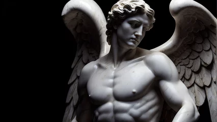 Poster Marble male angel statue on a plain black background from Generative AI © SevenThreeSky