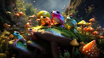 Fototapeta na wymiar Rainbow frog mushrooms living spectrum symphony picture Ai generated art