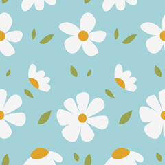 Fototapeta na wymiar Daisy Flower Pattern on Blue Background. Cute Summer Wallpaper. Vector Illustration.