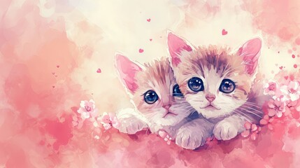 Watercolor of  couple of cat in love on pink background with copy space, valentine theme. - obrazy, fototapety, plakaty
