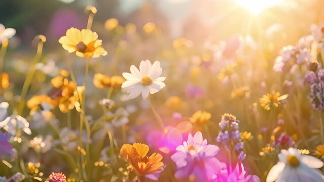 Spring wildflower field in beautiful sunlight. Slow motion movie showing a field of pretty wild flowers gently swaying in the breeze focusing on the poppies and cornflowers in the foreground. A stunni