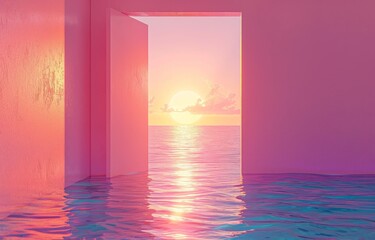 a surreal open door on the sea sunset