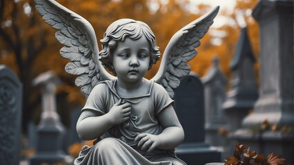 Cherub angel statue in cemetery background from Generative AI - obrazy, fototapety, plakaty