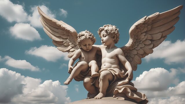 Cherub angel statue in sky background from Generative AI
