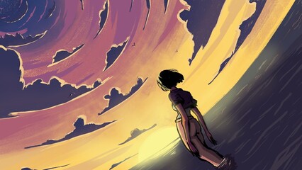 Ilustración de chica de espaldas contemplando el atardecer en el mar para fondo de pantalla