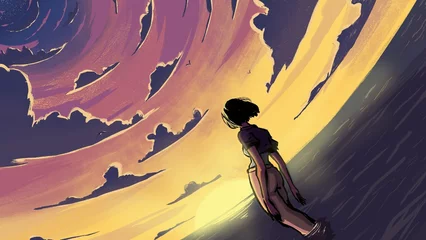Poster Ilustración de chica de espaldas contemplando el atardecer en el mar para fondo de pantalla © Hendrick Jiménez