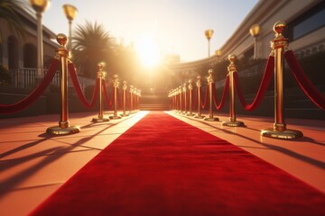 Red event carpet, gold rope barrier at the festival.  - obrazy, fototapety, plakaty