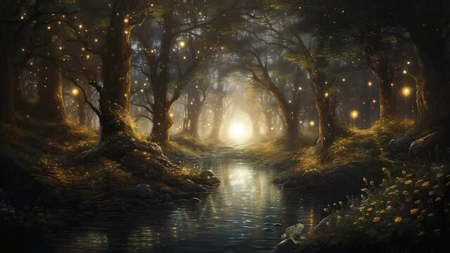 An enchanted forest under the moonlight, with a sparkling river and magical creatures