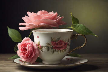 Fototapeta na wymiar cup of tea and rose