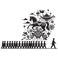 Fototapeta premium A Symphony of Tradition: Captivating Chinese Parade Silhouette Stock Perfect for New Year Celebrations - Chinese Parade Silhouette - Chinese New Year Silhouette - Chinese Parade Vector Stock 