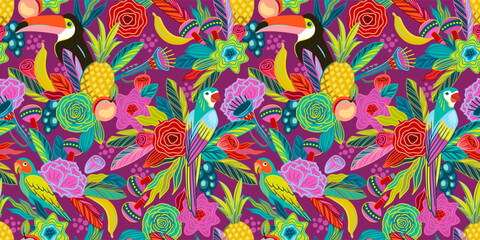 Vector seamless pattern with flowers, fruits, birds, musical instruments. Brazil carnival. Design templates for carnival concept and other